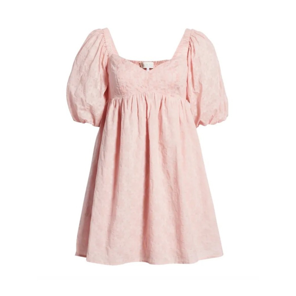 WAYF Ripton Pink Puff Sleeve Mini Dress Floral Jacquard Womens M‎ Smocked Rush